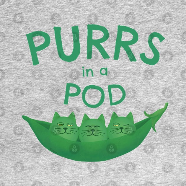 Purrs in a Pod – Cute Cartoon Drawing of Veggie Cat Peas by Crystal Raymond